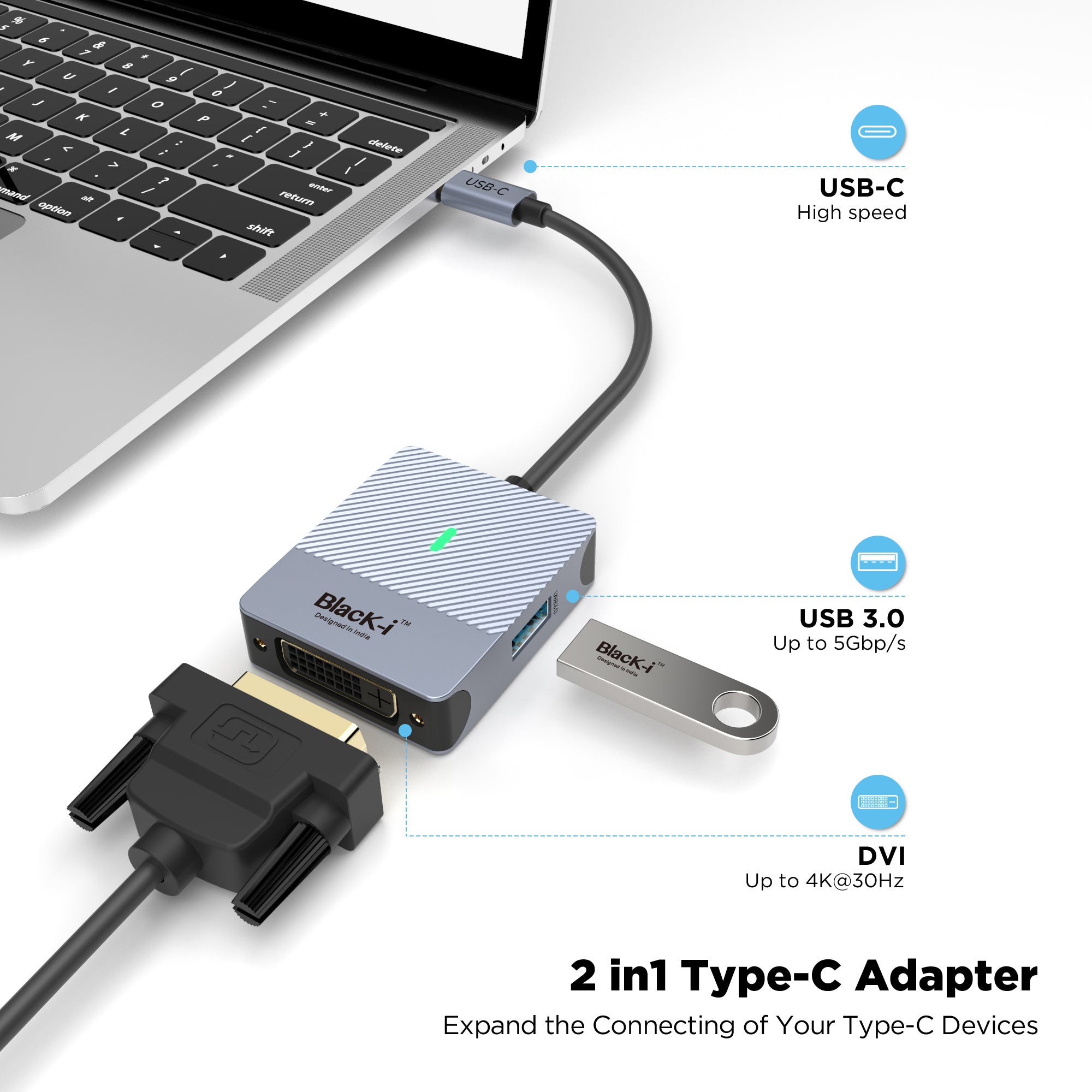 Black-i Type-C to DVI with 1 Port USB 3.0 (4K@30Hz)