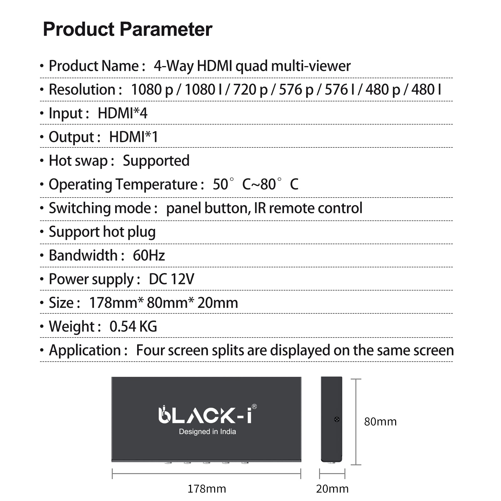 Black-i HDMI 4 Port Quad Screen Multiviewer