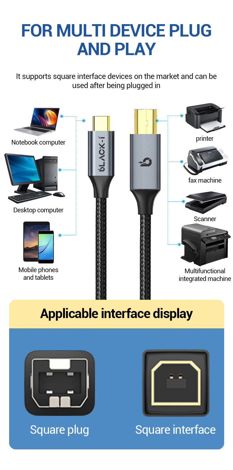 Black-i USB-C to Printer Cable 1.8 Meter