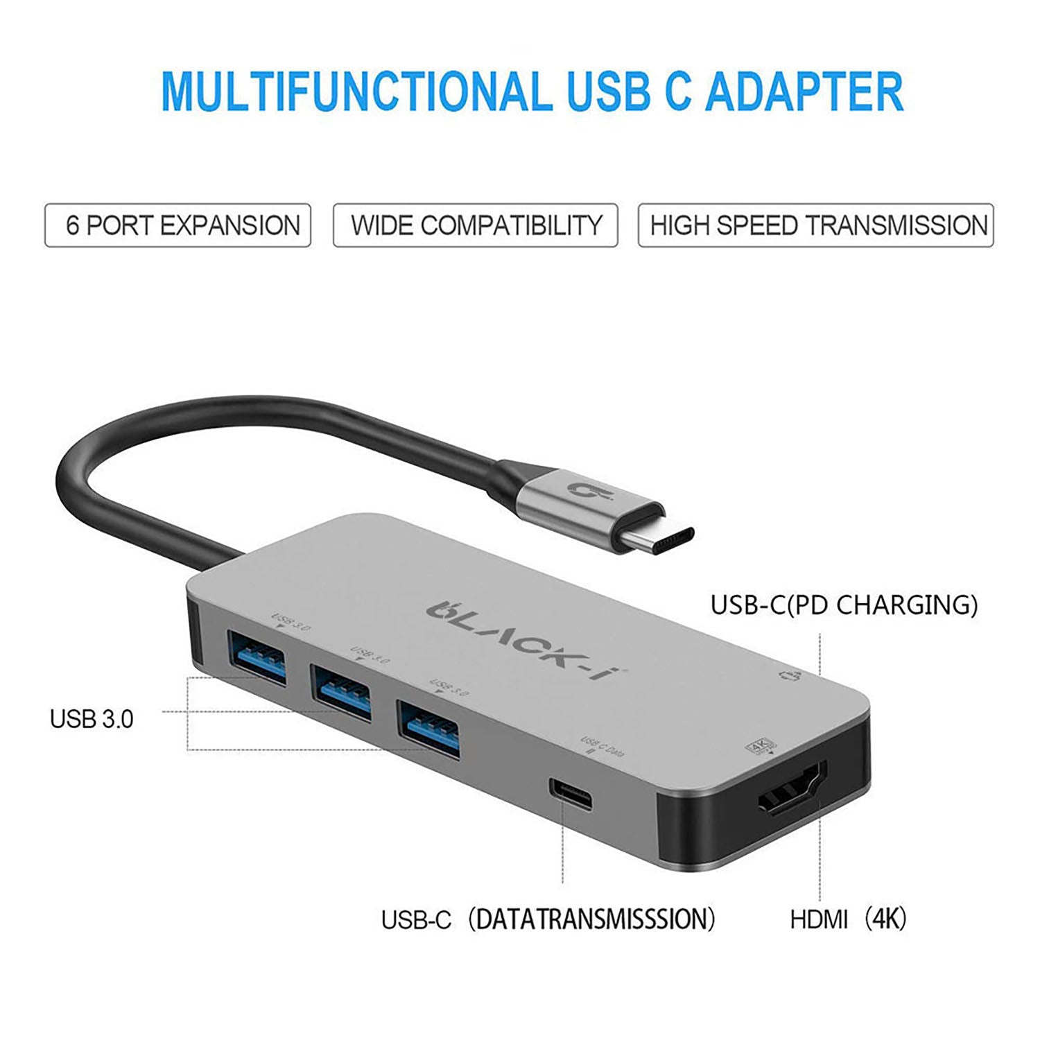 Black-i USB-C to HDMI, USB 3.0, USB-C & PD Multiport Hub
