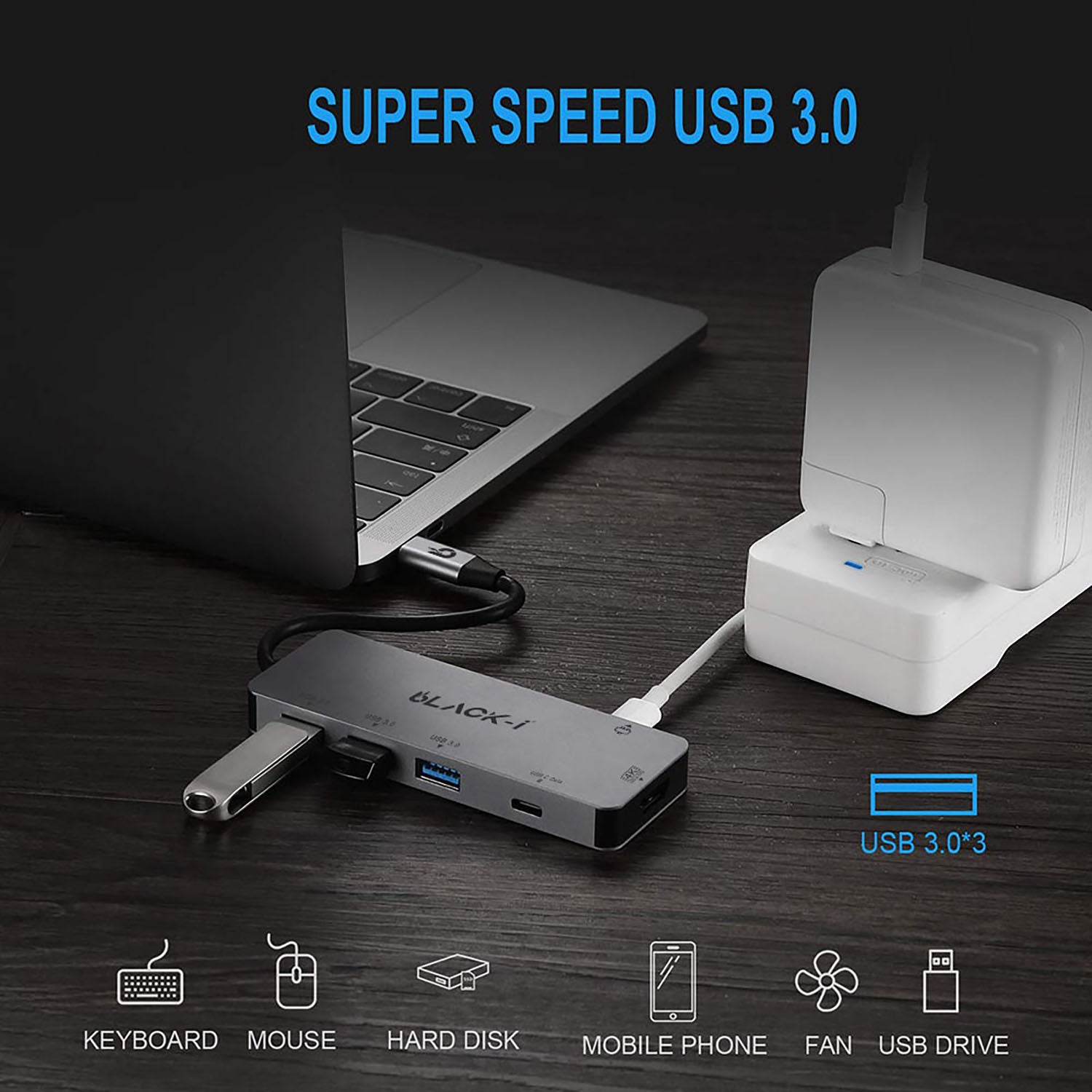 Black-i USB-C to HDMI, USB 3.0, USB-C & PD Multiport Hub