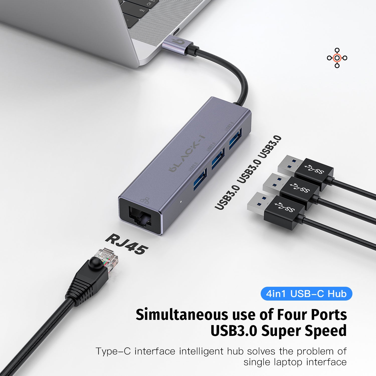 Black-i USB-C to 3-Port USB 3.0 Hub & Gigabit Lan