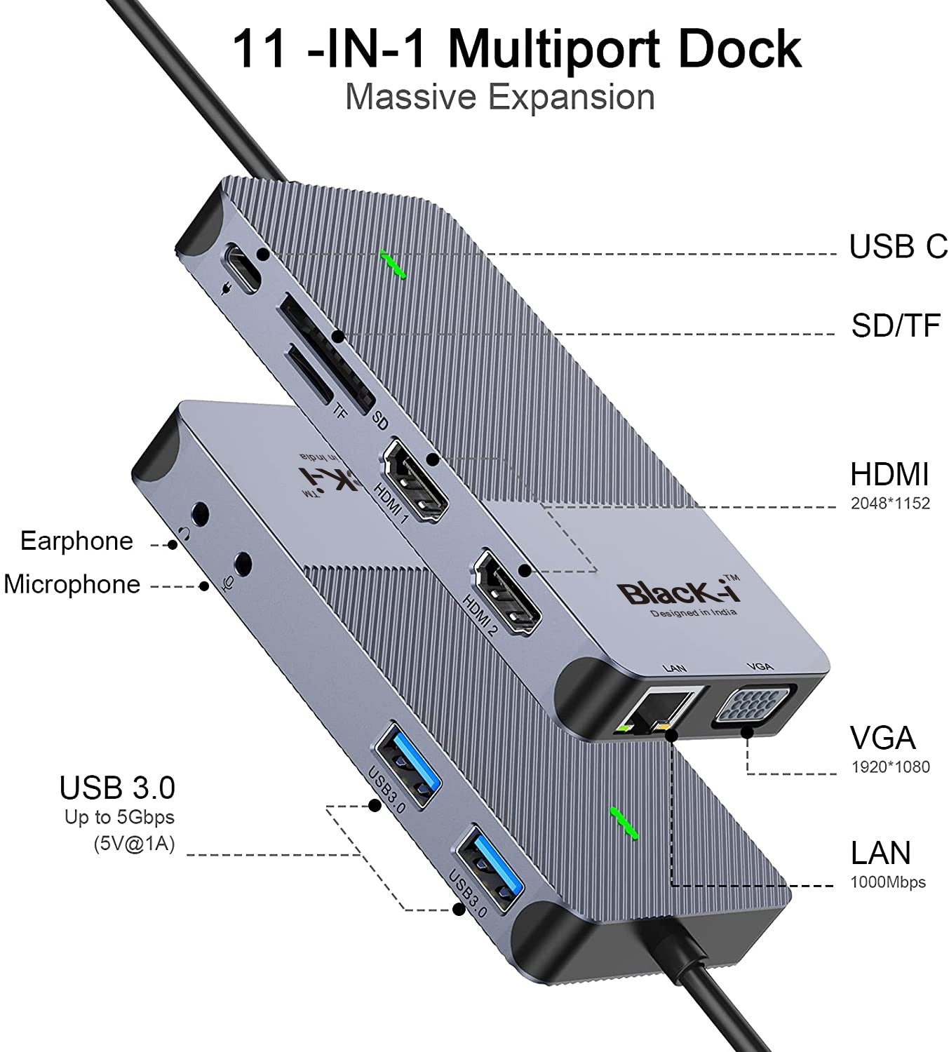 Black-i USB 3.0 / USB-C DisplayLink Docking Station