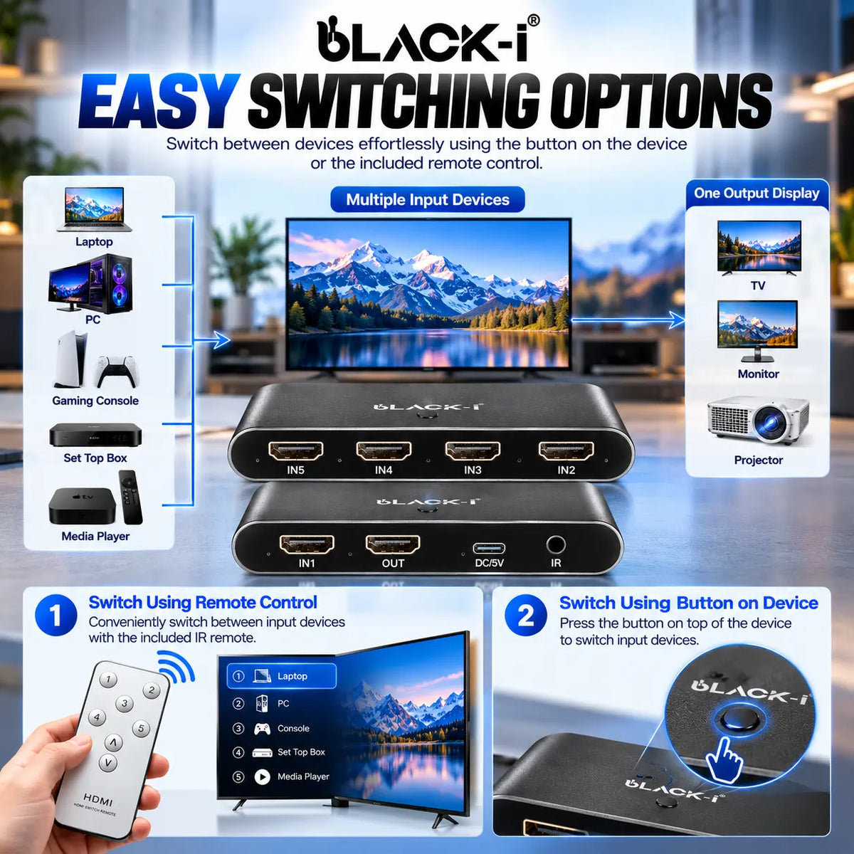 Black-i HDMI 5 Input 1 Output Switcher