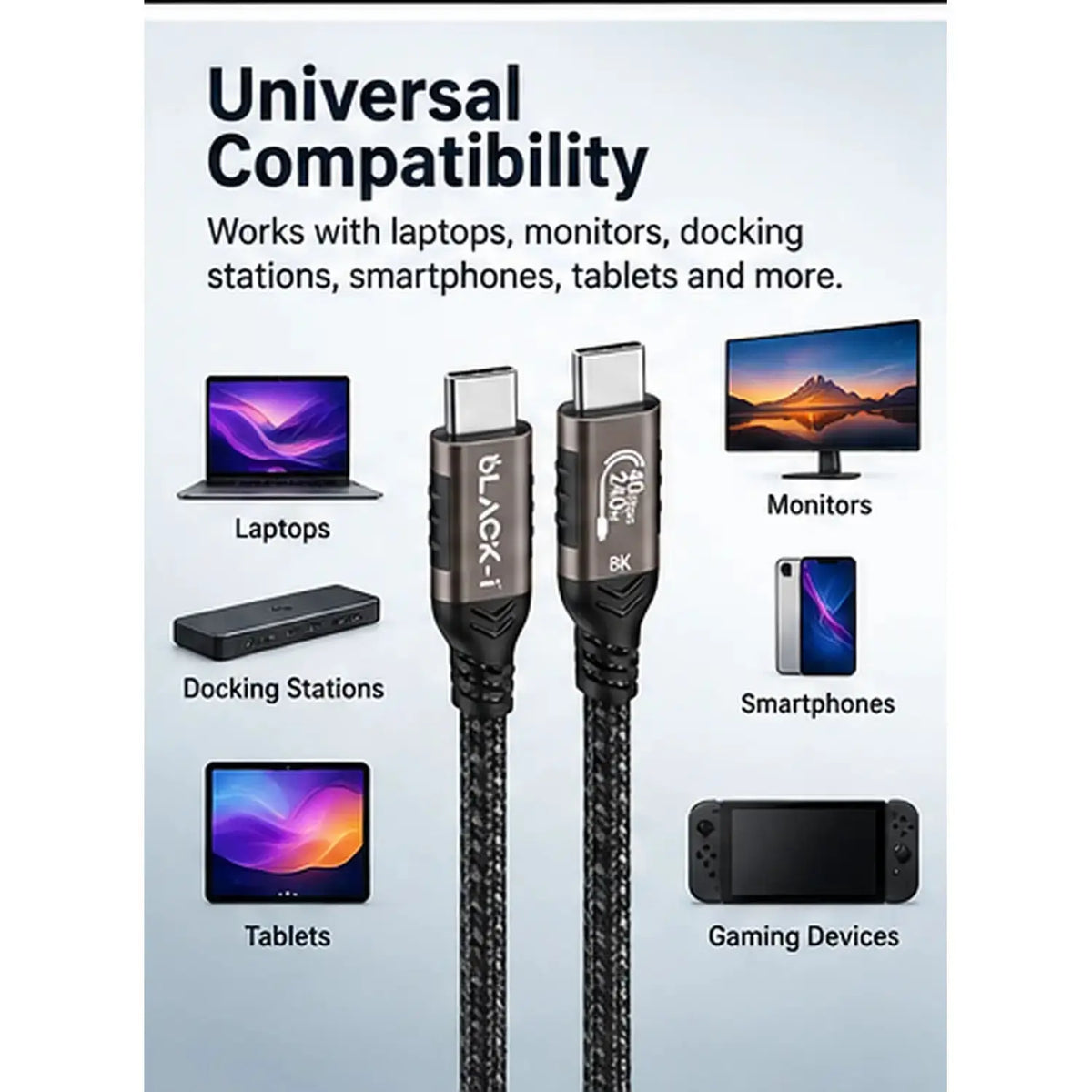 Black-i Thunderbolt 4 Cable 1 Meter with 40Gbps & 8K@60Hz