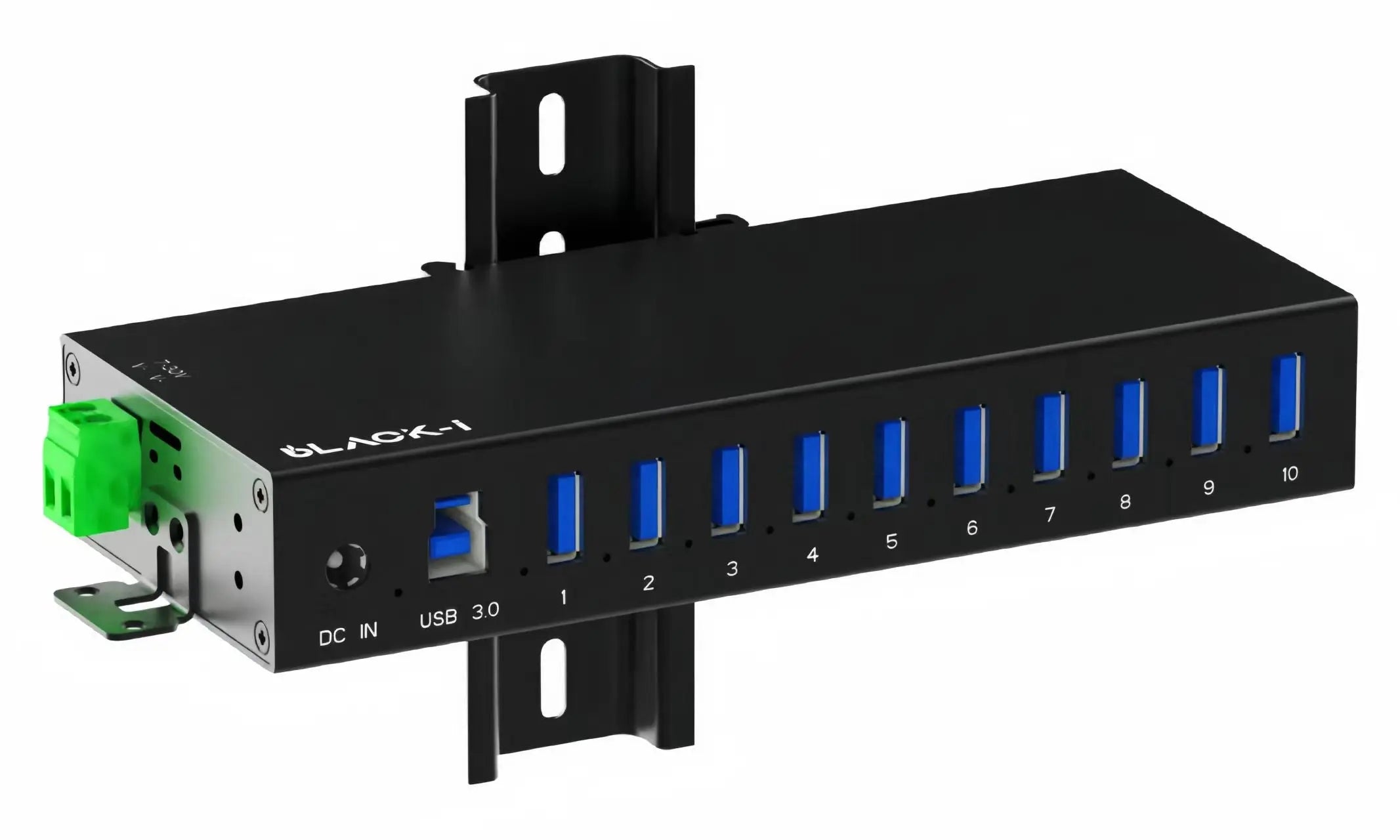 USB 3.0 10 port industrial hub with metal body, mounting brackets and external power by Black-i