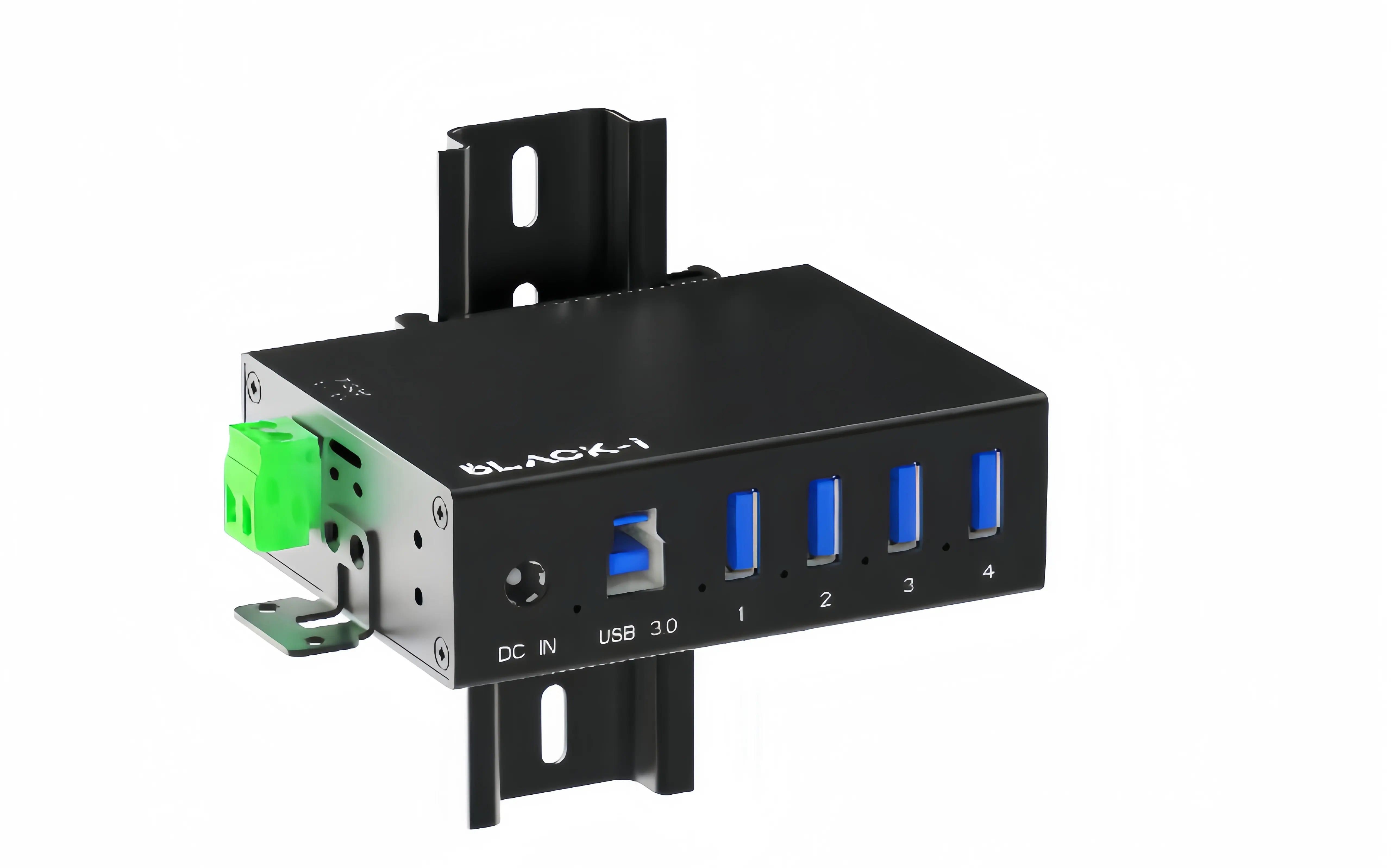 USB 3.0 industrial hub with 4 ports, metal body and mounting brackets by Black-i