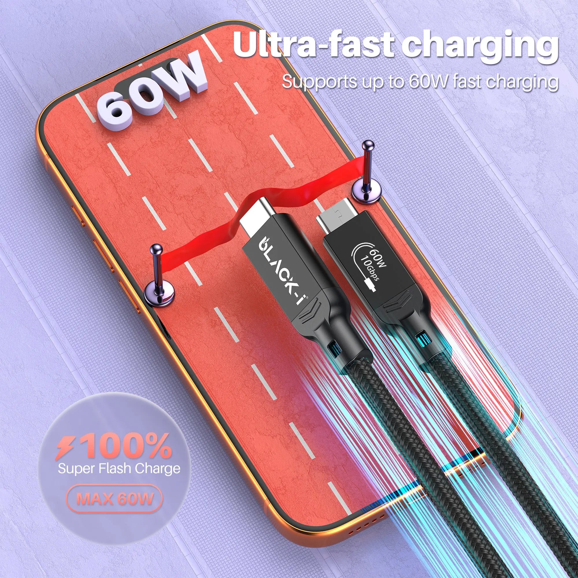 USB-C to USB-C cable supporting up to 60W fast charging for USB-C devices