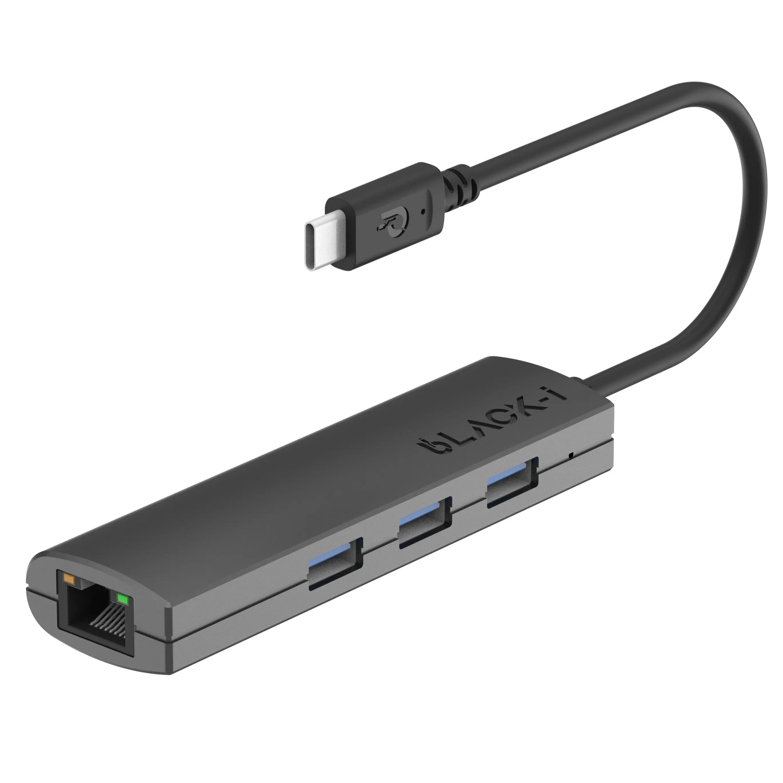 USB-C hub showing three USB 3.0 ports and Gigabit LAN connection