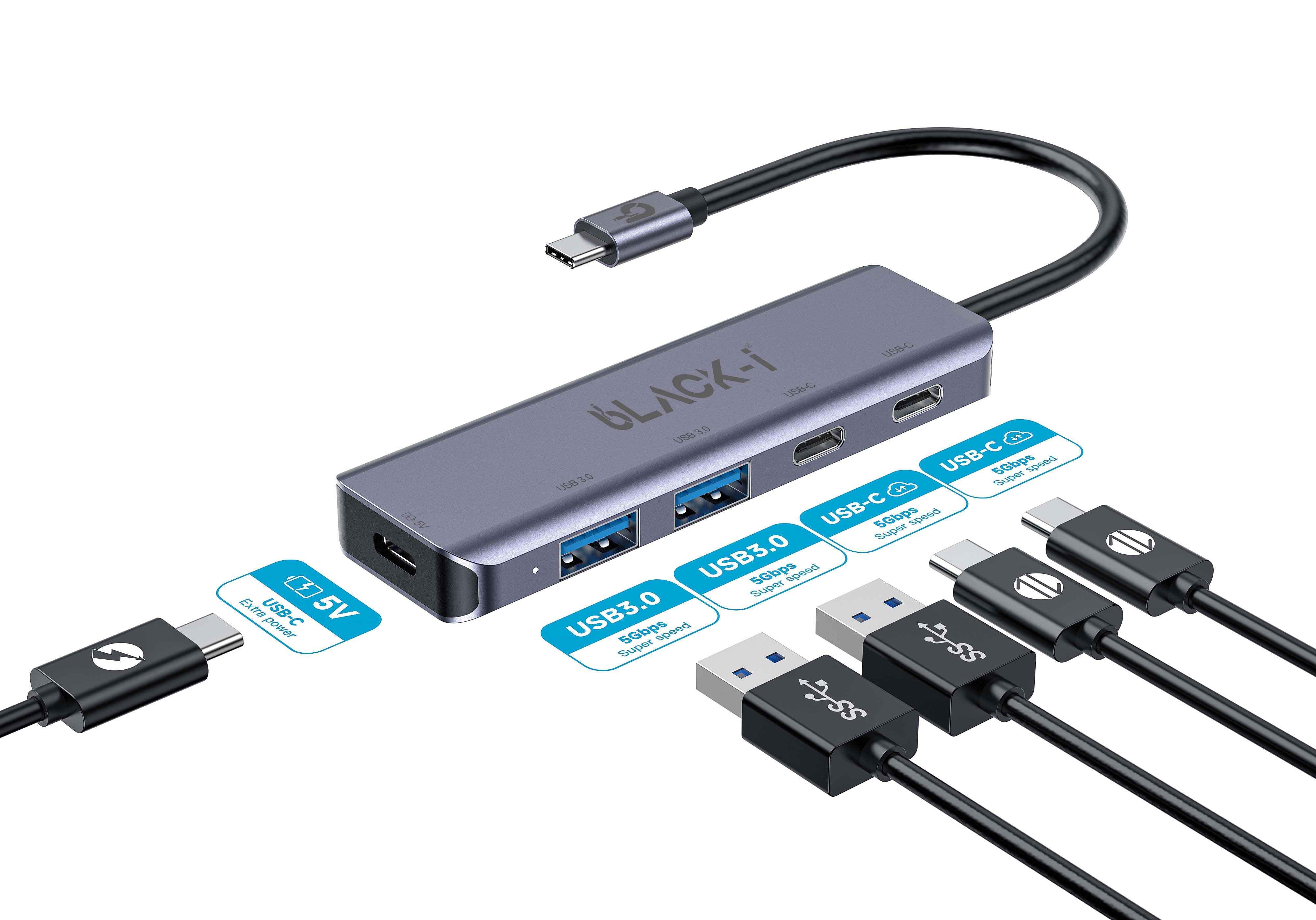 Black-i USB-C to 2*USB-C & 2*USB 3.0 Hub – Enhance Connectivity with Dual USB-C and Dual USB 3.0 Ports for Efficient Data Transfer