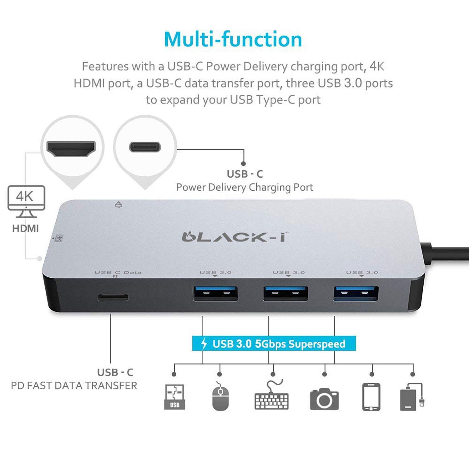 Black-i USB-C to HDMI, USB 3.0, USB-C & PD Hub – All-in-One Connectivity Solution for Enhanced Productivity and Multimedia Experience