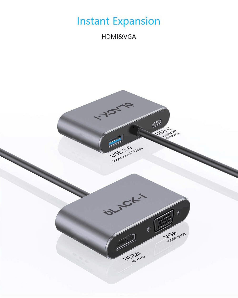 Black-i USB-C 4-in-1 Hub – HDMI, VGA, USB 3.0 & PD – Streamlined Connectivity for Efficient Data Transfer and Enhanced Productivity