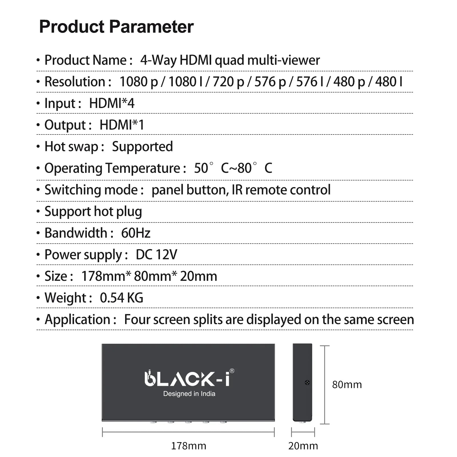 Black-i HDMI 4 Port Quad Screen Multiviewer 