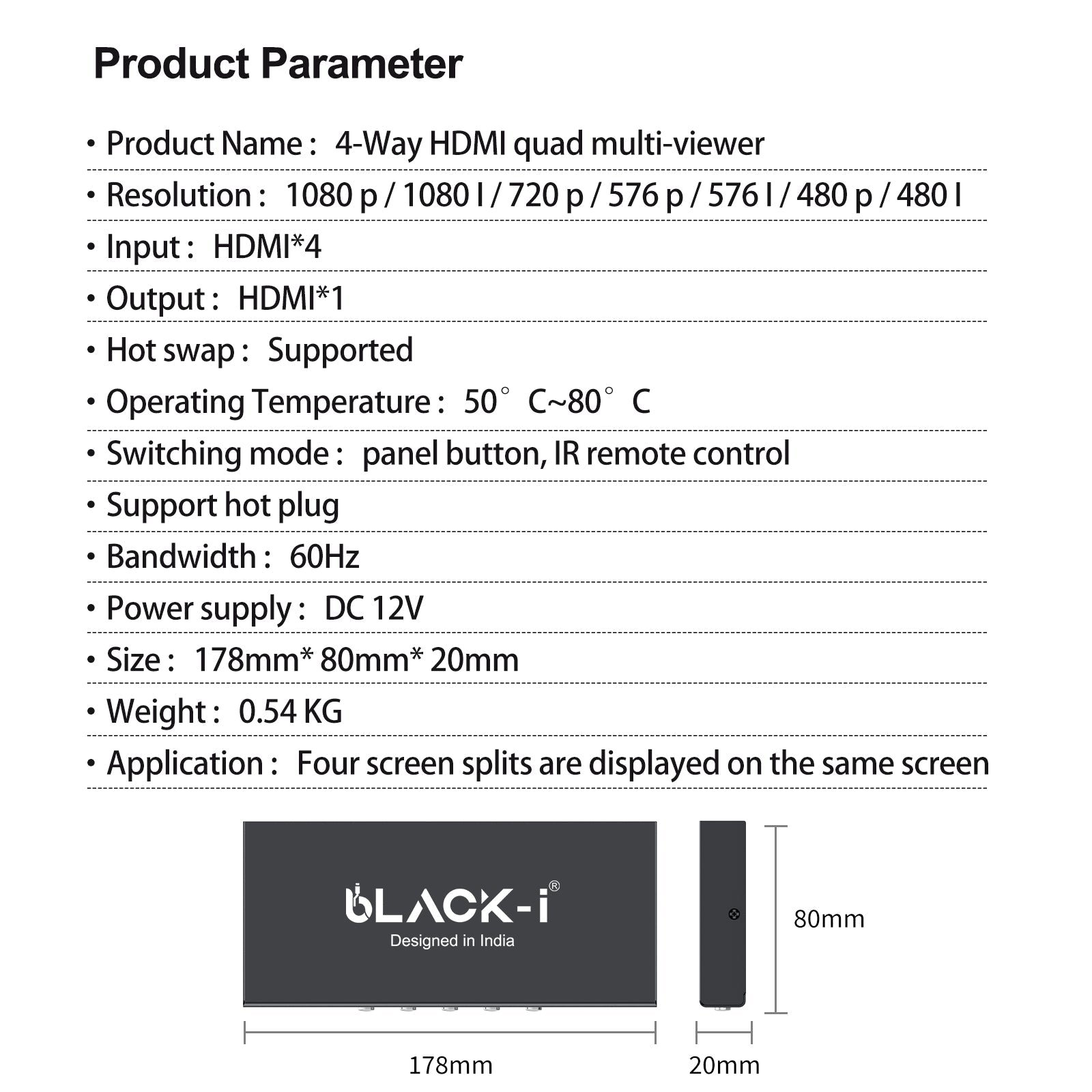 Black-i HDMI 4 Port Quad Screen Multiviewer 
