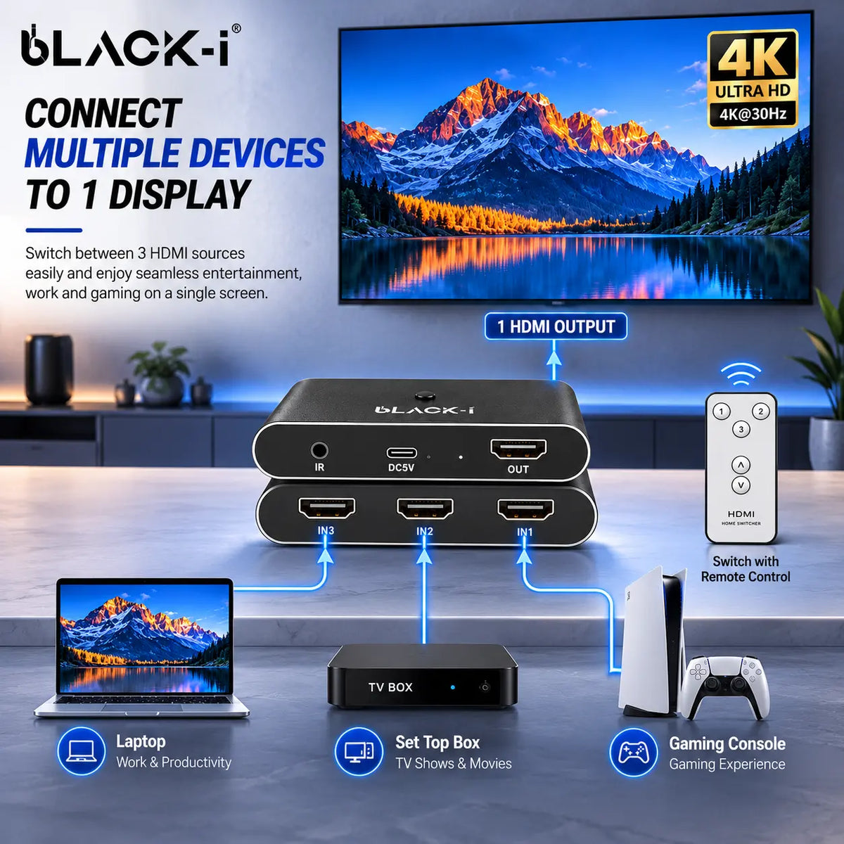 Black-i HDMI 4k Switcher - 3 Input 1 Output