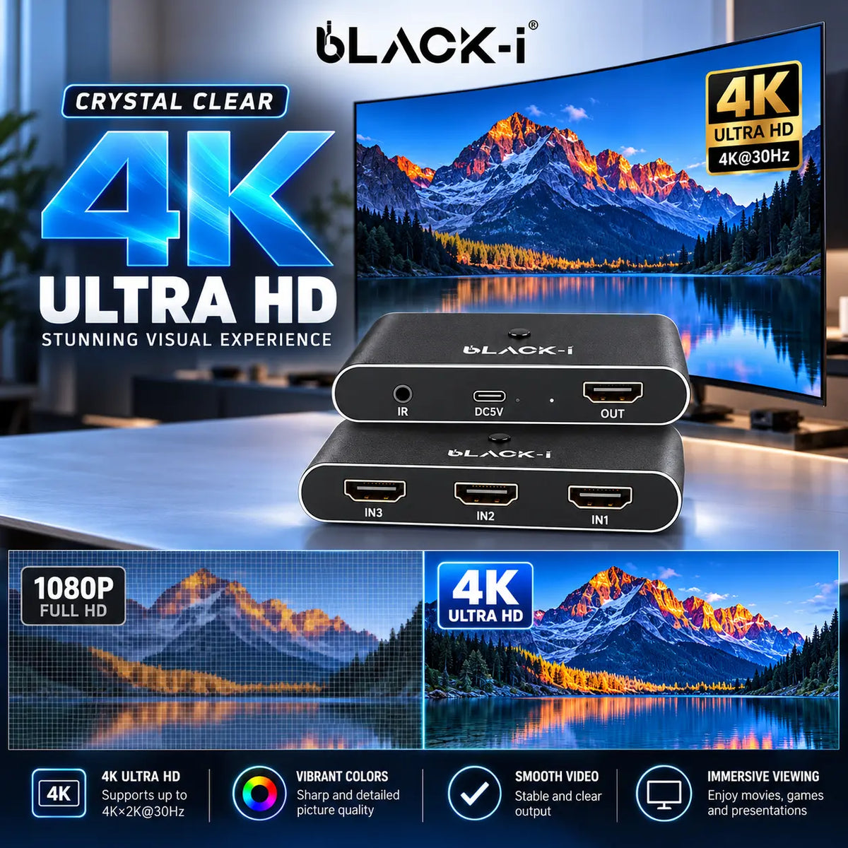 Black-i HDMI 4k Switcher - 3 Input 1 Output
