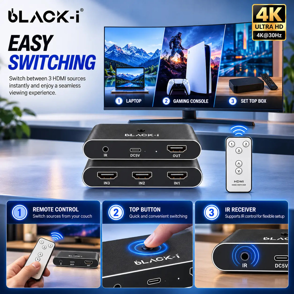 Black-i HDMI 4k Switcher - 3 Input 1 Output