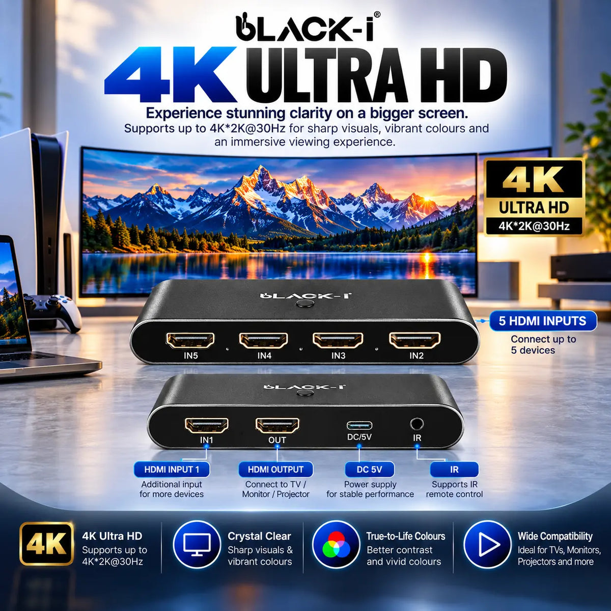 Black-i HDMI 5 Input 1 Output Switcher