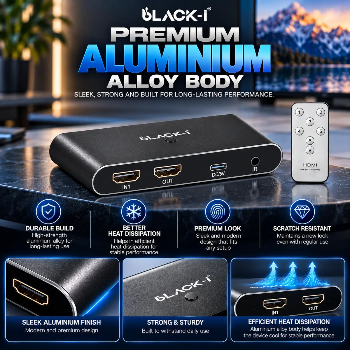 Black-i HDMI 5 Input 1 Output Switcher