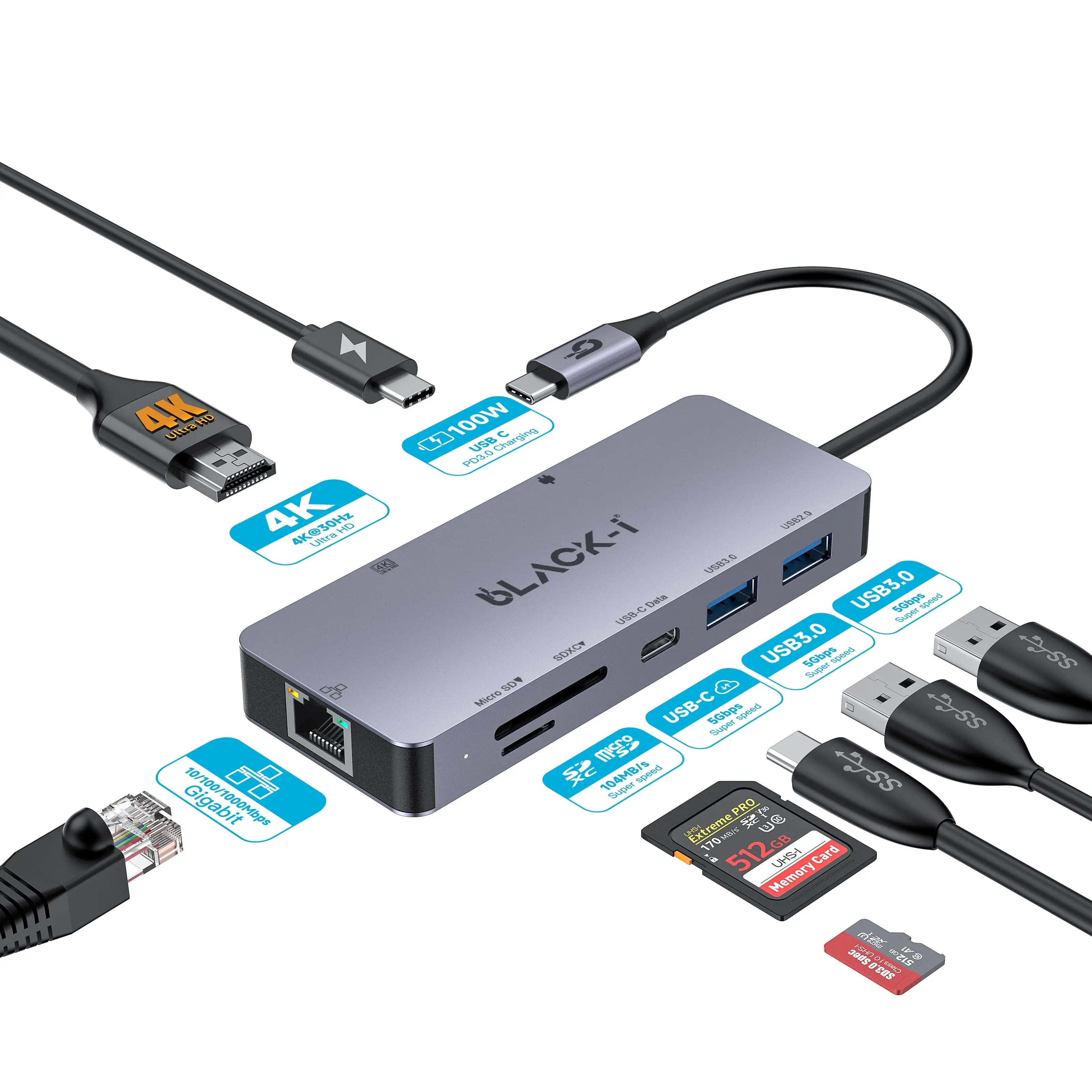 Black-i Type-C hub with HDMI, USB , PD , Gigabit Lan & Car reader 