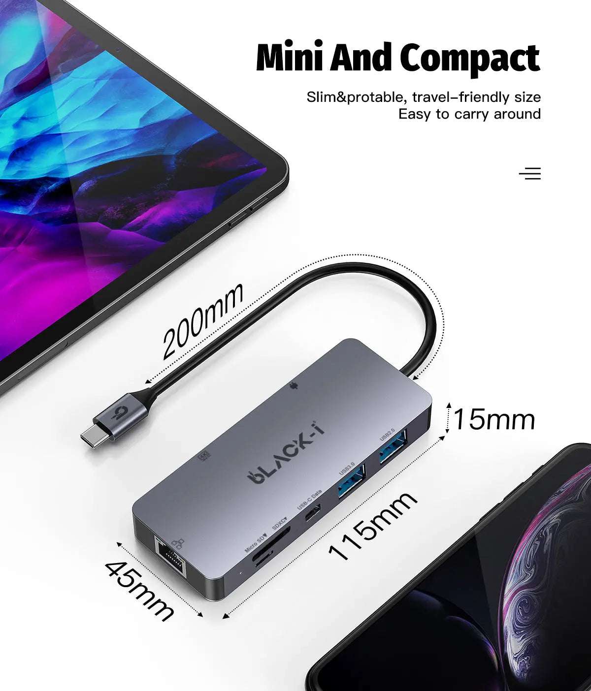 Black-i Type-C hub with HDMI, USB , PD , Gigabit Lan & Car reader 