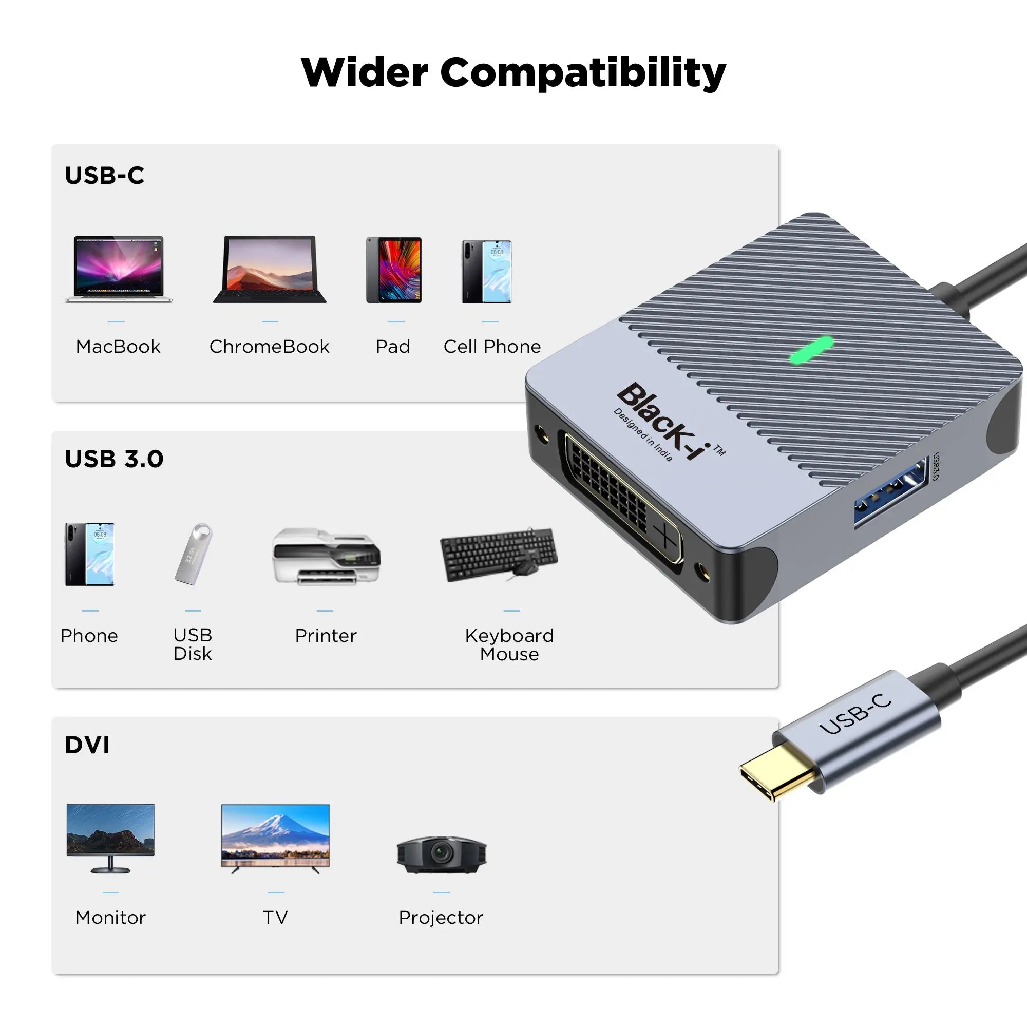 Black-i Type-C to DVI with 1 Port USB 3.0 (4K@30Hz) 