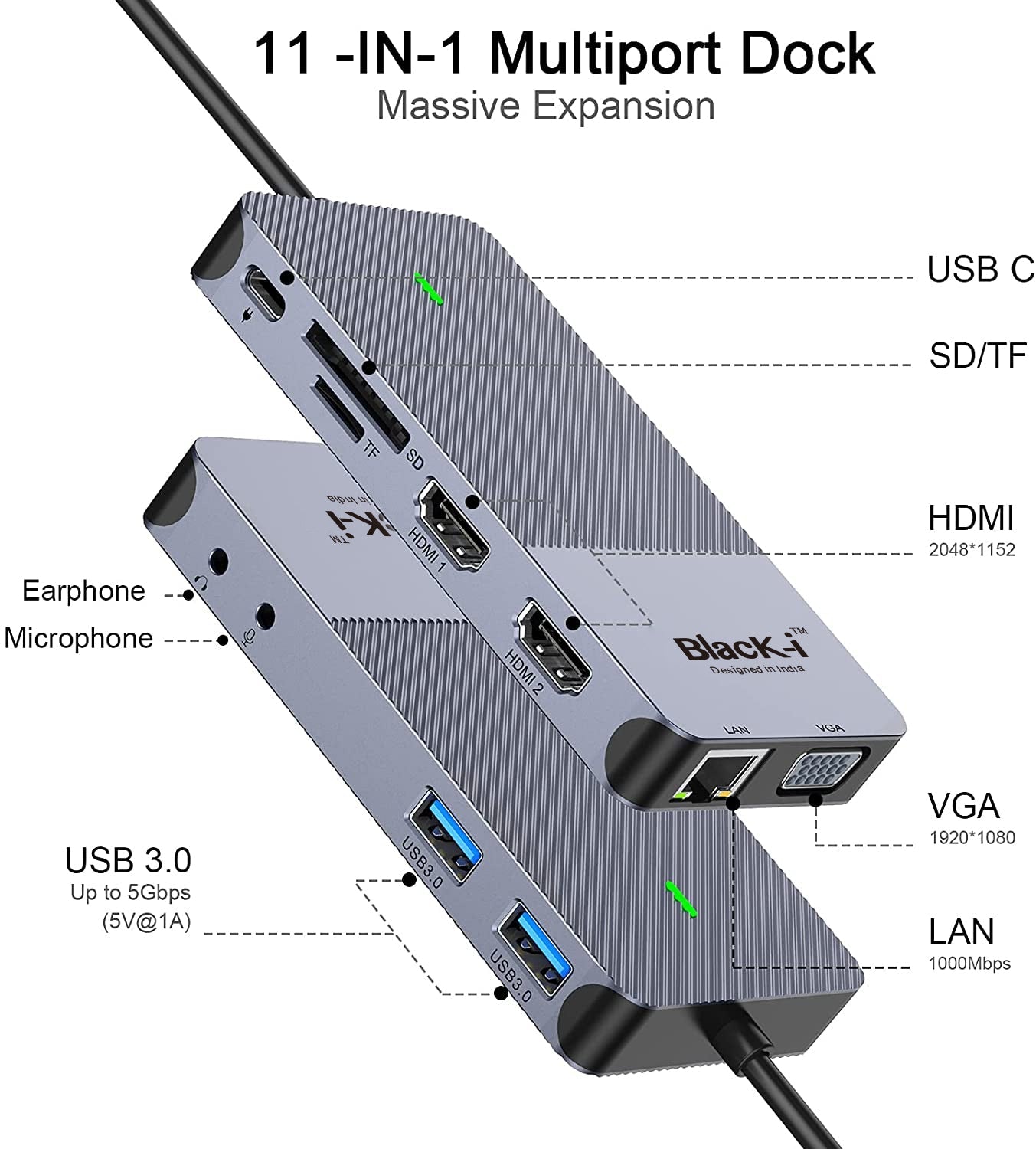 Black-i USB 3.0 / USB-C DisplayLink Docking Station 