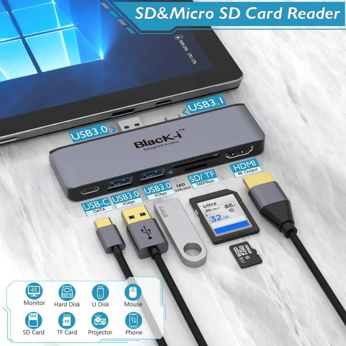 Black-i USB-C 7 in 1 Docking Station for Microsoft Pro 