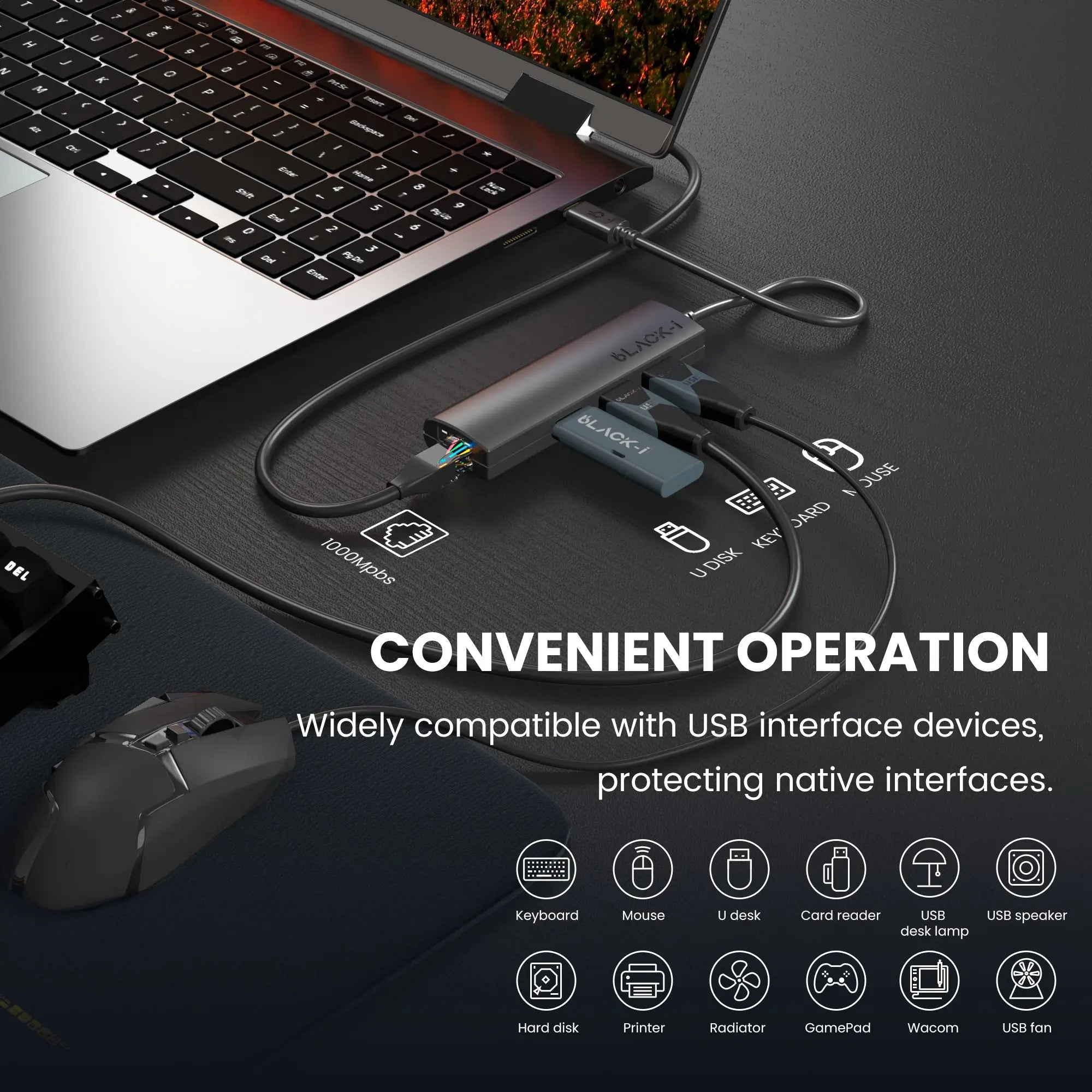 Black-i USB-C to 3-Port USB 3.0 Hub & Gigabit Lan 