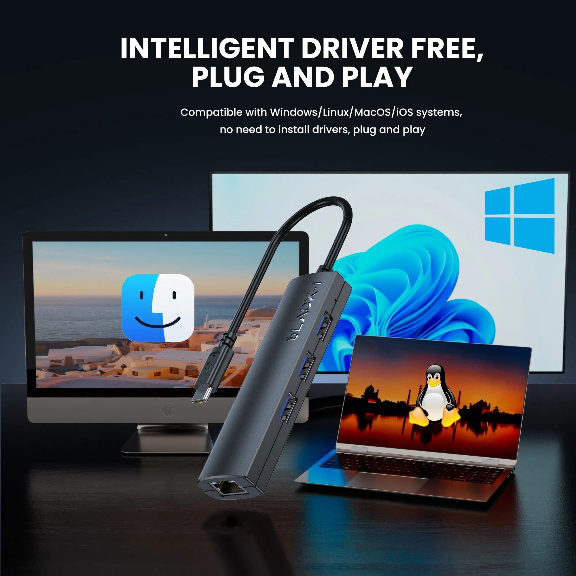 Black-i USB-C to 3-Port USB 3.0 Hub & Gigabit Lan 