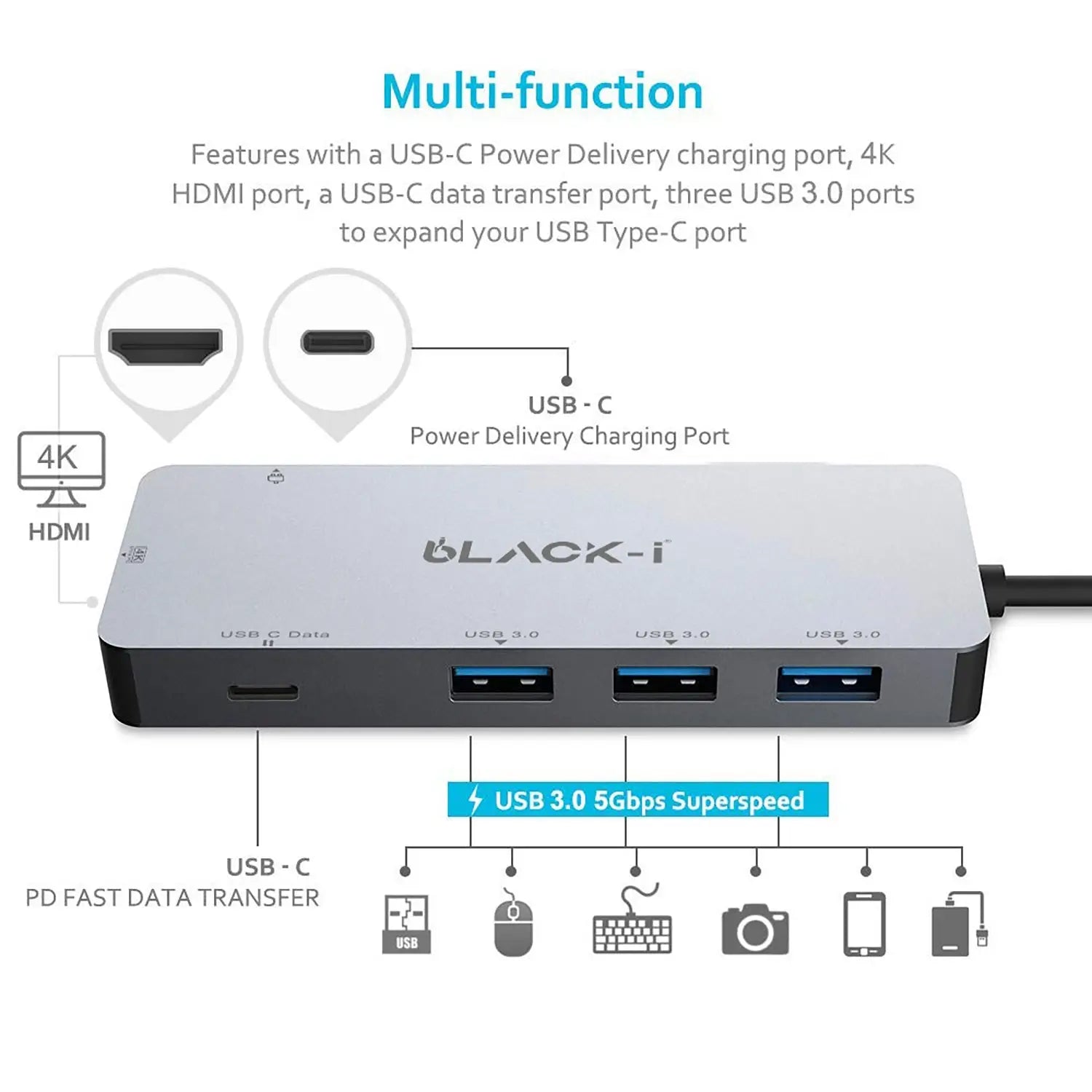Black-i USB-C to HDMI, USB 3.0, USB-C & PD Multiport Hub 