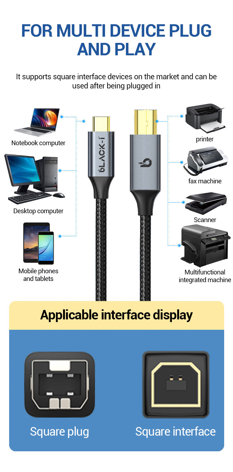 Black-i USB-C to Printer Cable 1.8 Meter 