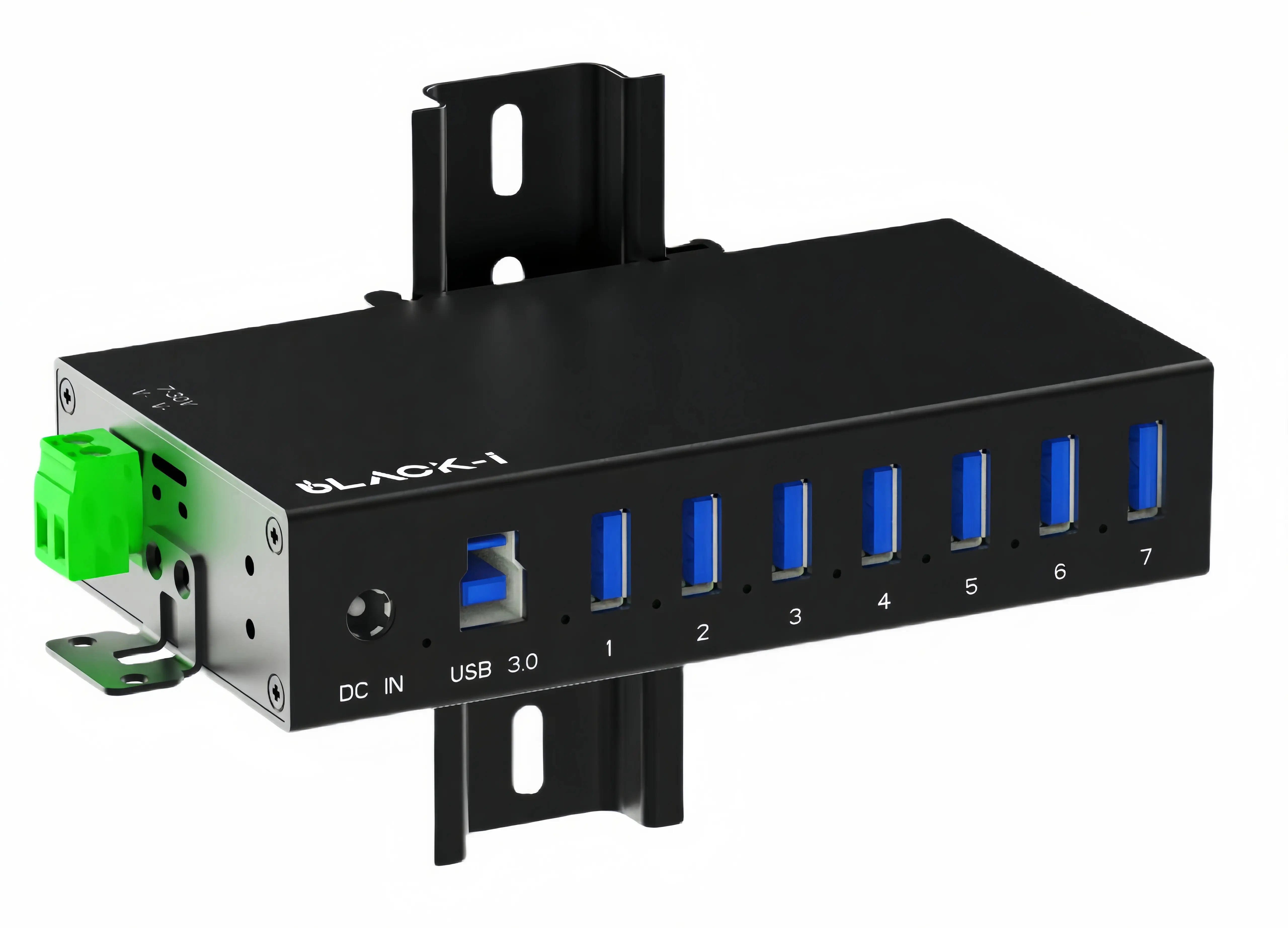 USB 3.0 7 port industrial hub with metal body, mounting brackets and external power by Black-i