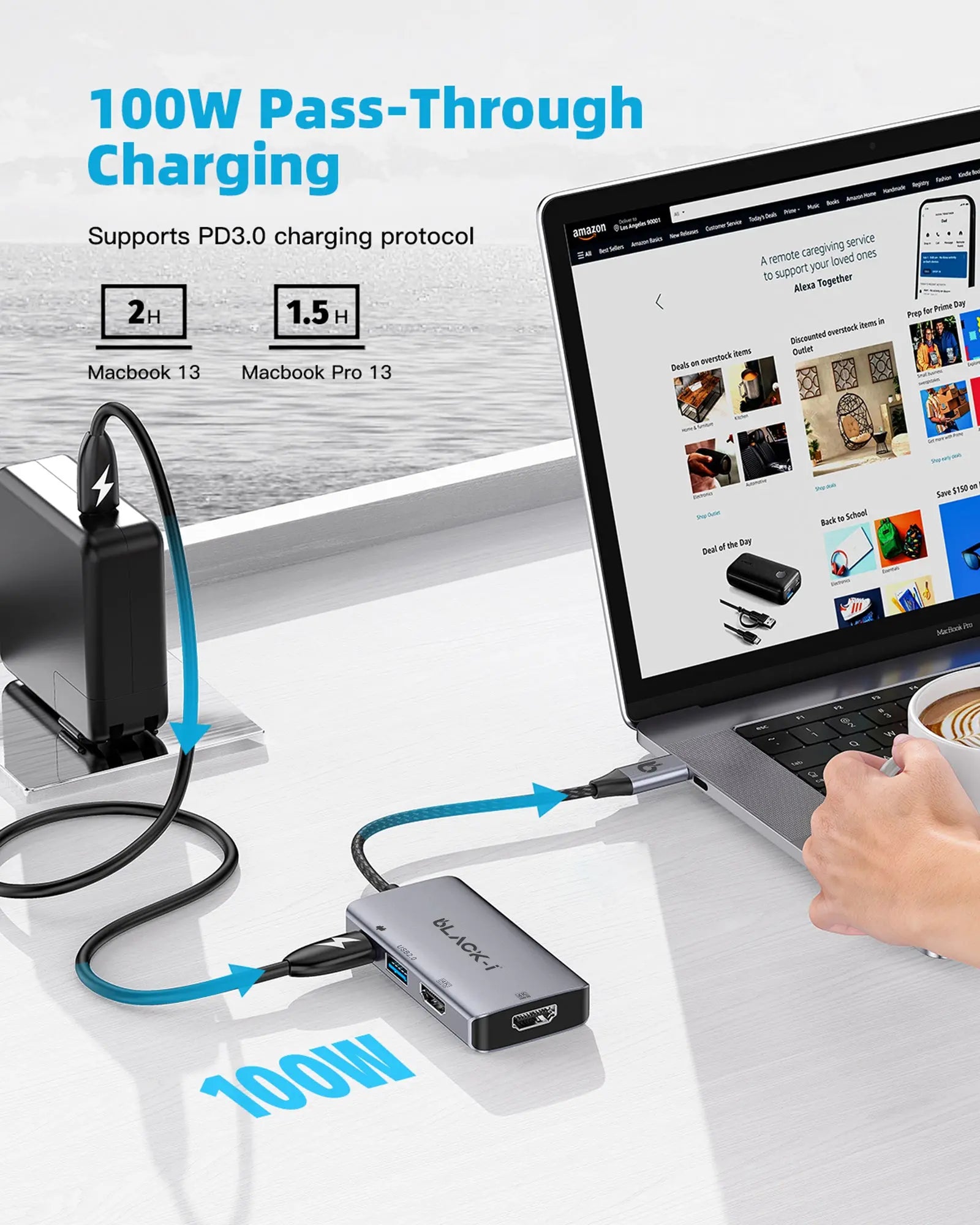 USB C dual HDMI hub connected to laptop workstation model BI-TC2HDMI