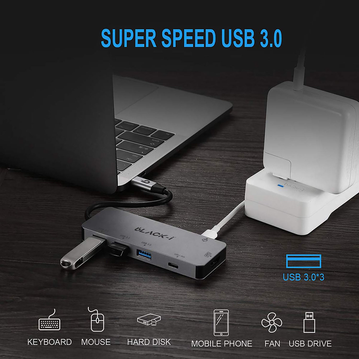 USB-C hub supporting USB-C Power Delivery charging by Black-i