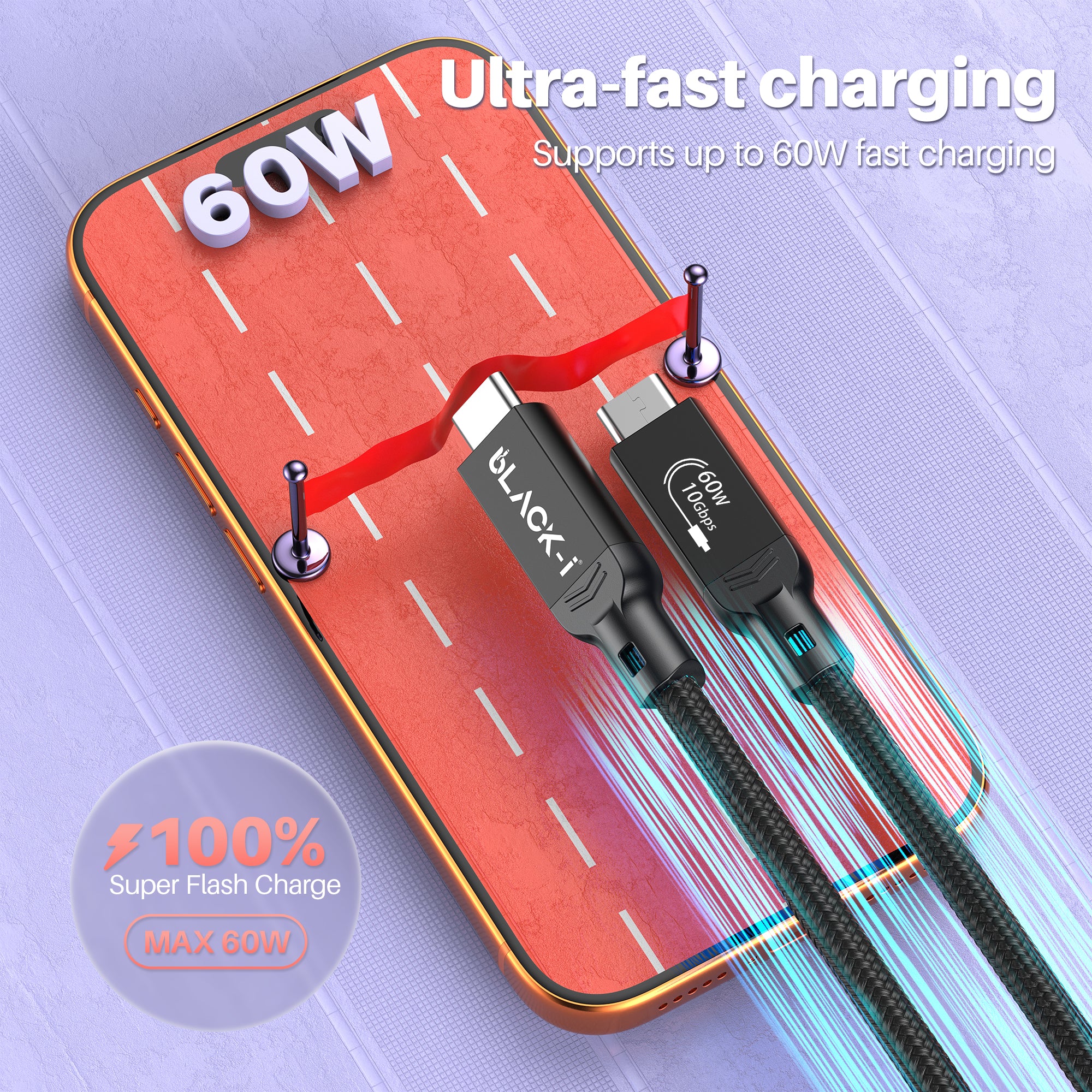 USB-C to USB-C cable supporting up to 60W fast charging for USB-C devices